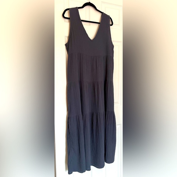 QUINCE Tiered Maxi Dress Organic Gauze Cotton Large Grey/ Indigo Blue - Picture 2 of 9